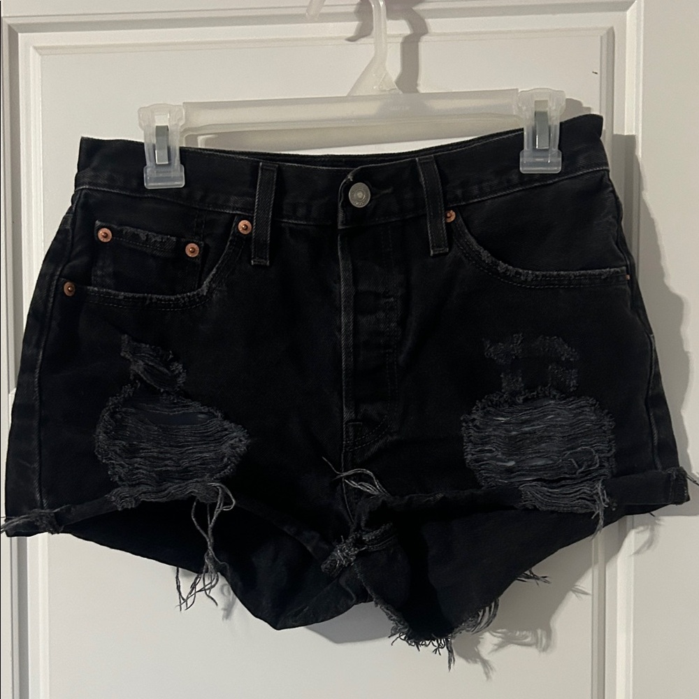 Levi 501 Black Distressed Shorts